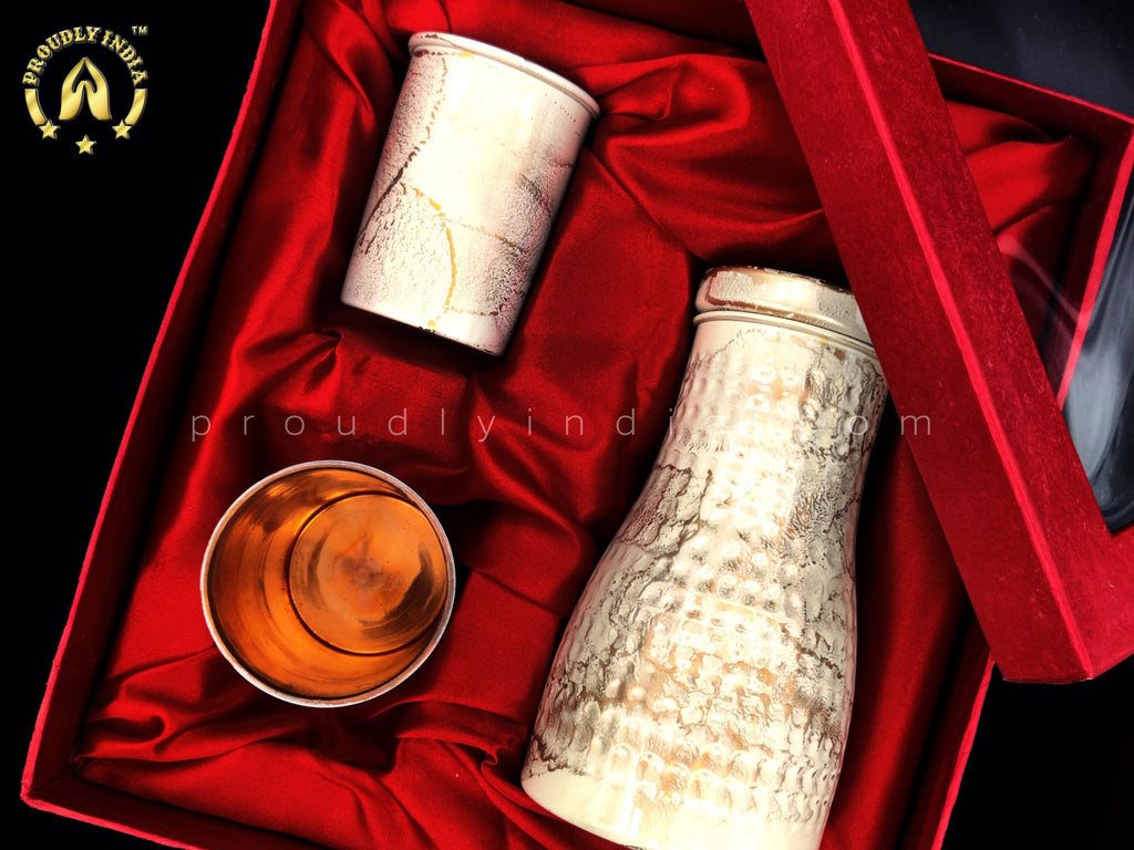 White Copper Water Bottle 1 Liter with 2 Glasses J242324