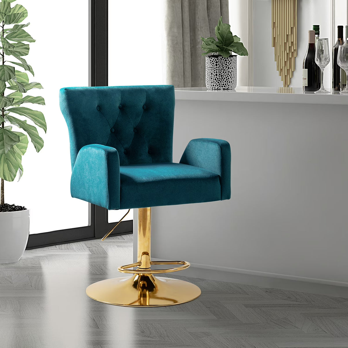 Teal Velvet Swivel Adjustable Counter Height Bar Stool with Footrest Gold Round Base I342