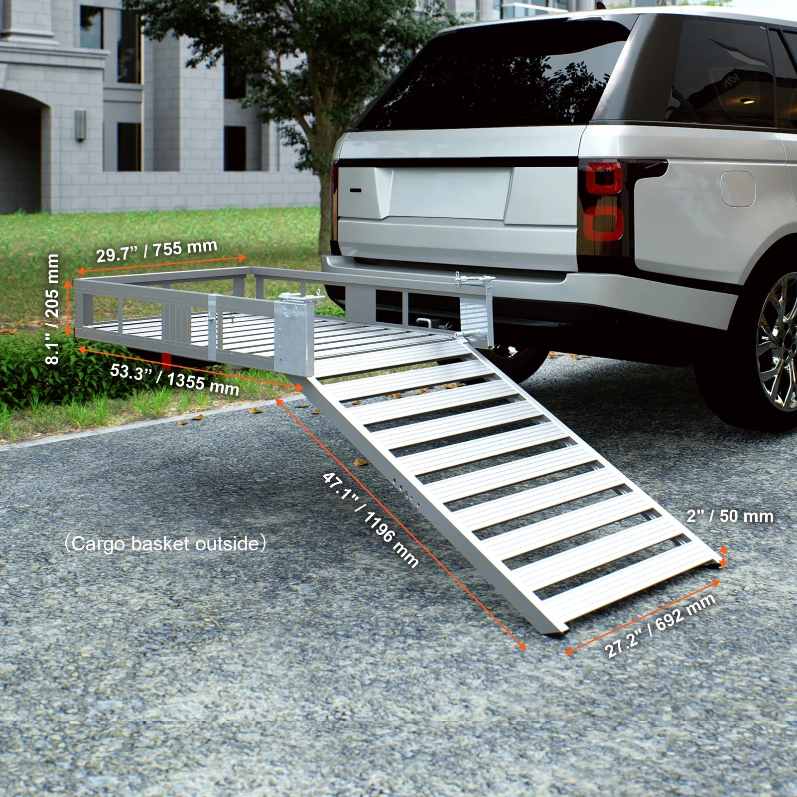 Hitch Mount Aluminum Cargo Carrier with Folding Ramp and Stabilizer L2746