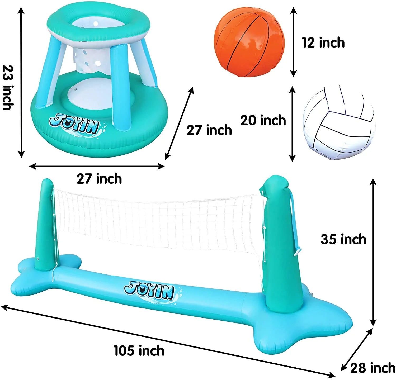 Inflatable Pool Float Set with Volleyball Net & Basketball Hoops Balls D718179