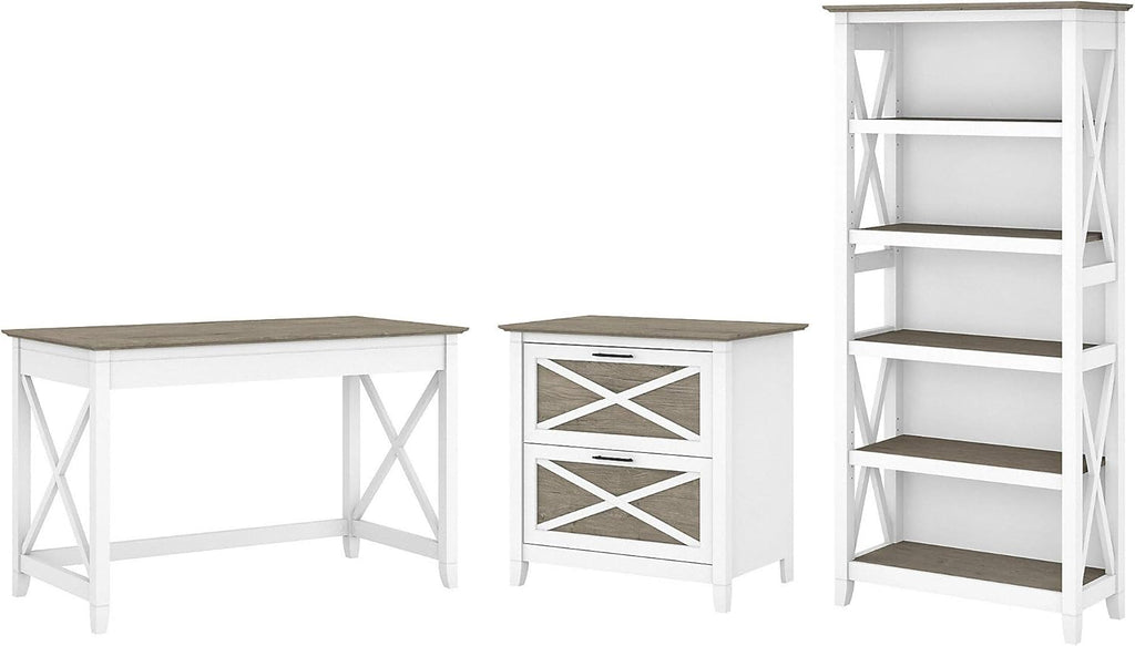 Key West Writing Desk with 2 Drawer Lateral File Cabinet and 5 Shelf Bookcase, Reclaimed Pine E531395
