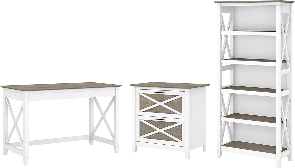 Key West Writing Desk with 2 Drawer Lateral File Cabinet and 5 Shelf Bookcase, Reclaimed Pine E531395