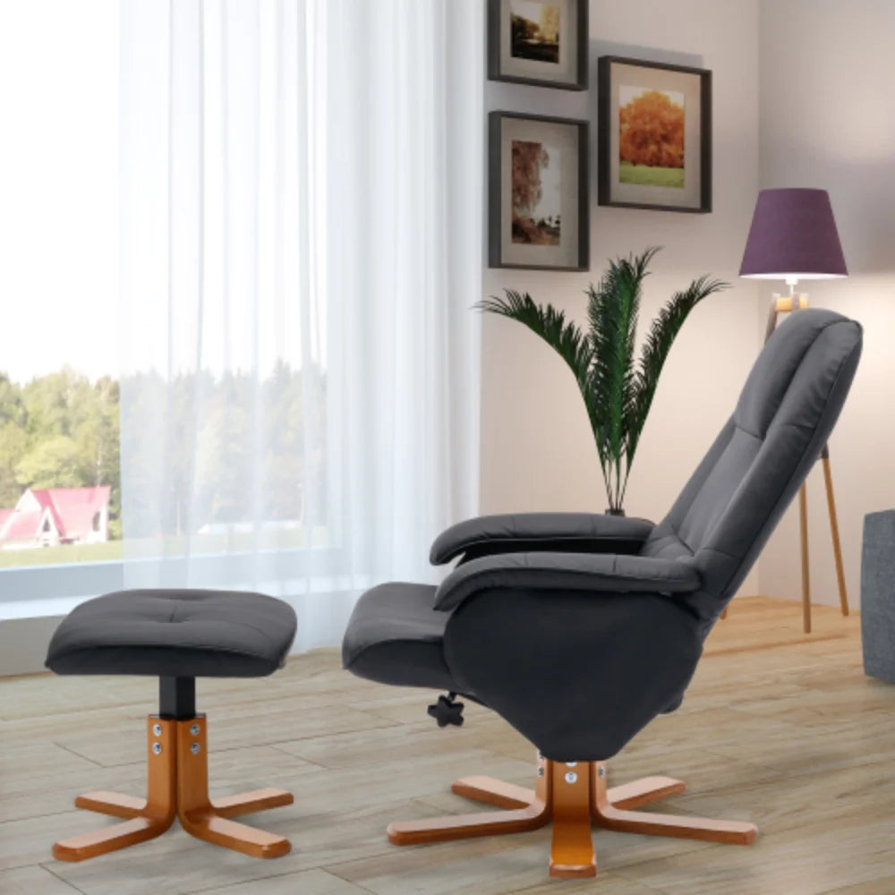 Faux Leather Beige Swivel Recliner Chair with Ottoman and Wood Base I287946
