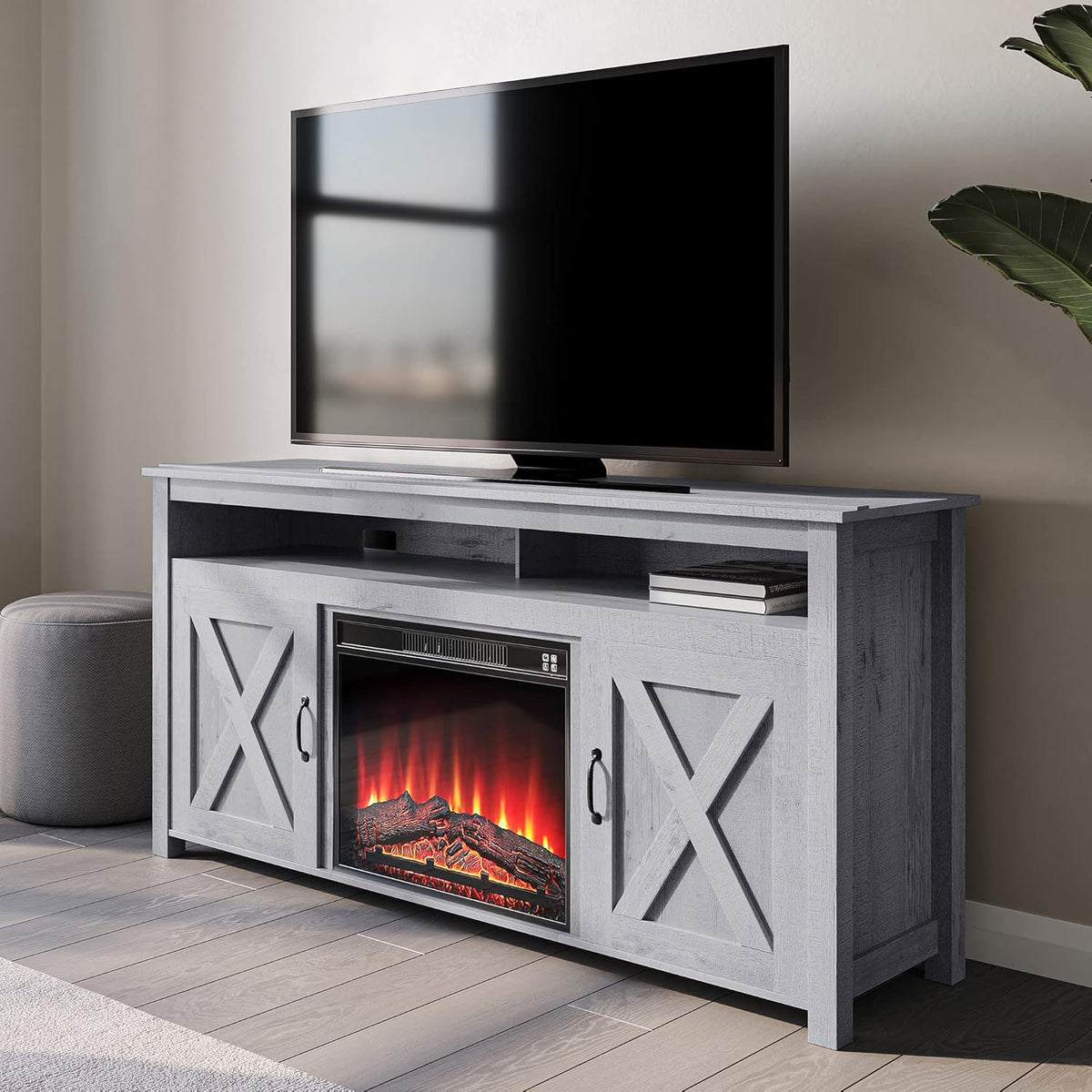 Dark Walnut Barn Door Wood Electric Fireplace TV Stand P753135