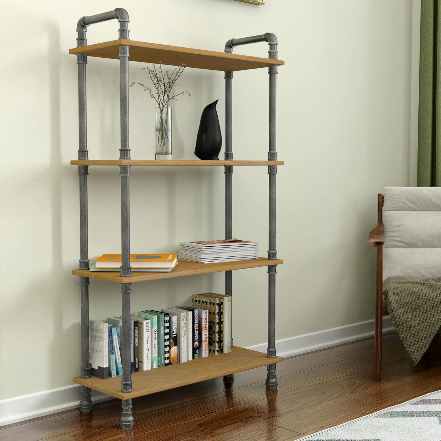Natural Solid Pine 4-Tier Wood Bookshelf N967212