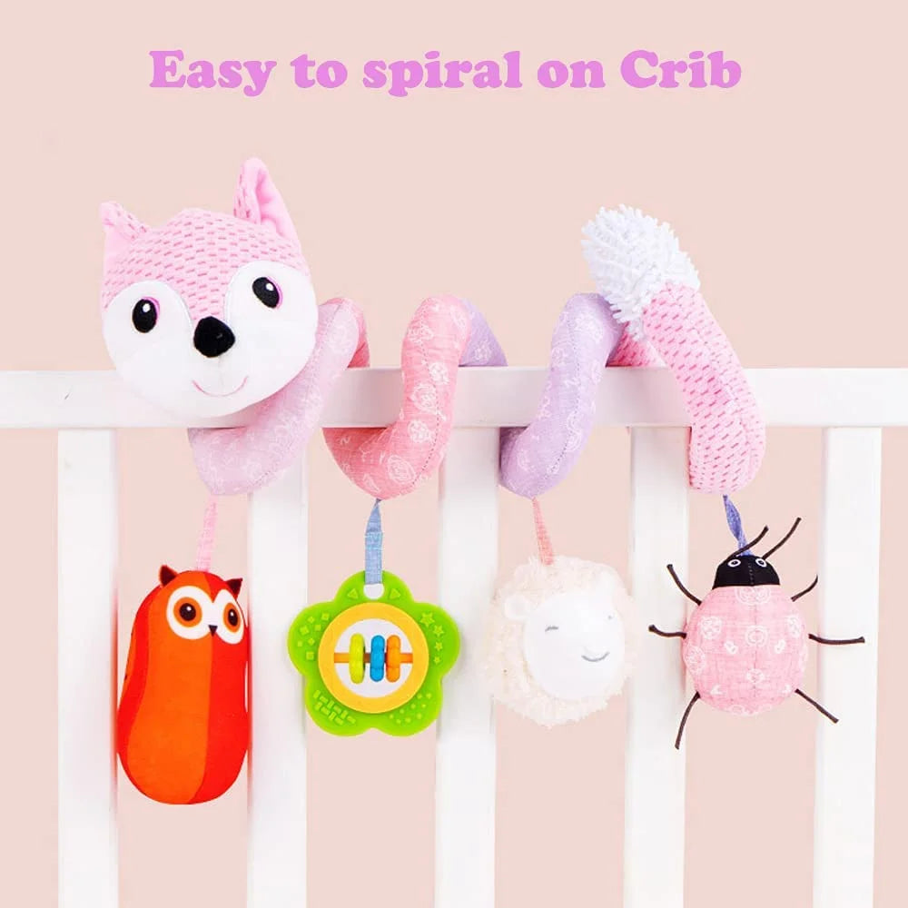 Pink Fox Baby Car Seat Toys with Musical Sheep Rattles Owl Ladybird Distorting Mirror O9820