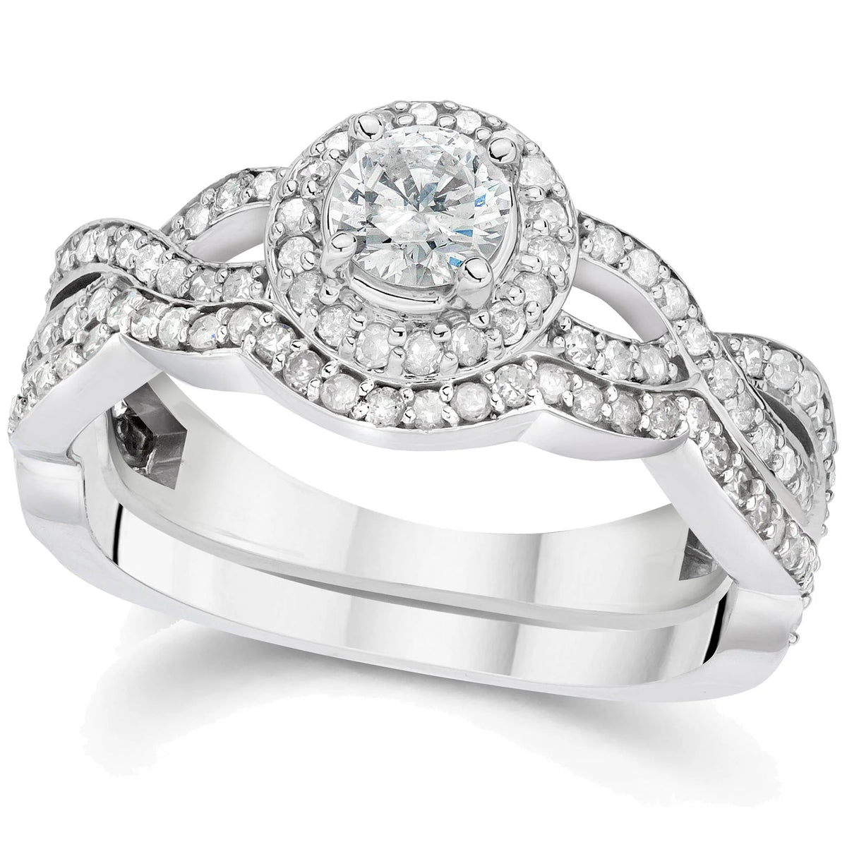Curve Engagement Ring & Matching Wedding Band 14K White Gold E4301