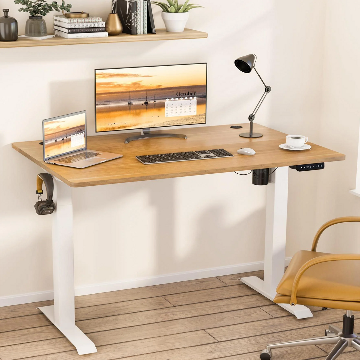 White Frame Maple Top Electric Height Adjustable Standing Desk C87357