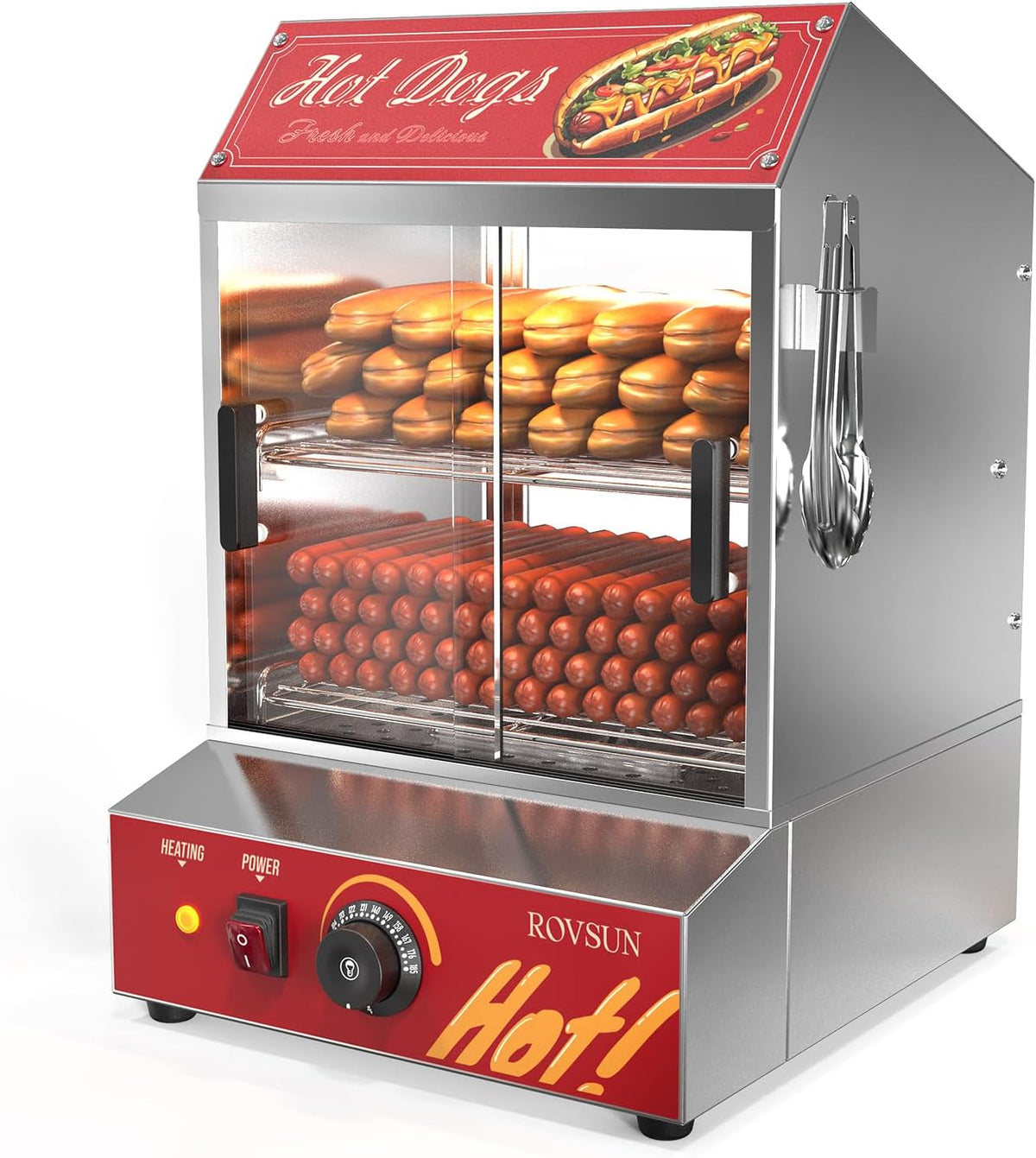 2-Tier Hot Dog Steamer, 30L, 175 Hot Dogs & 40 Buns Capacity, Removable Shelves, Glass Door G747577