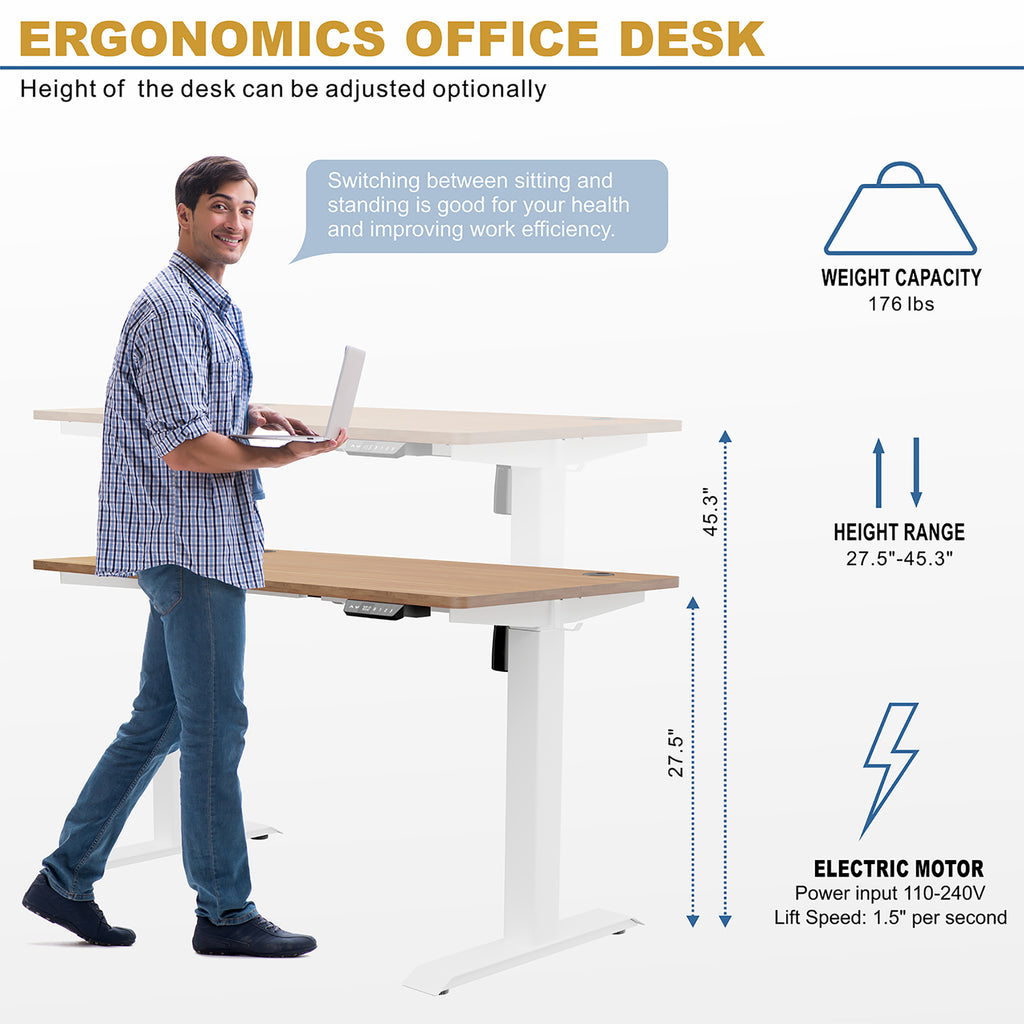 White Frame Maple Top Electric Height Adjustable Standing Desk C87357