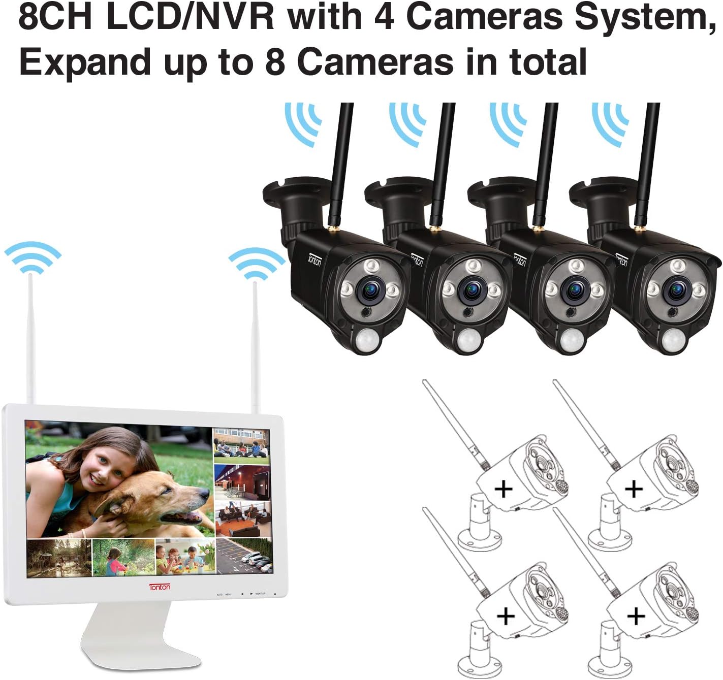 Wireless All-in-One Security Camera System with 16 Inch Monitor, 8CH WiFi NVR with 1TB HDD, 4PCS 3MP Outdoor Bullet IP Cameras with PIR Sensor, Floodlight, Black Y9424