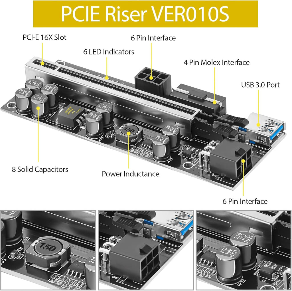 PCIE 1 to 4 Adapter Riser Card with USB 3.0 Cable, 5 Pack C610