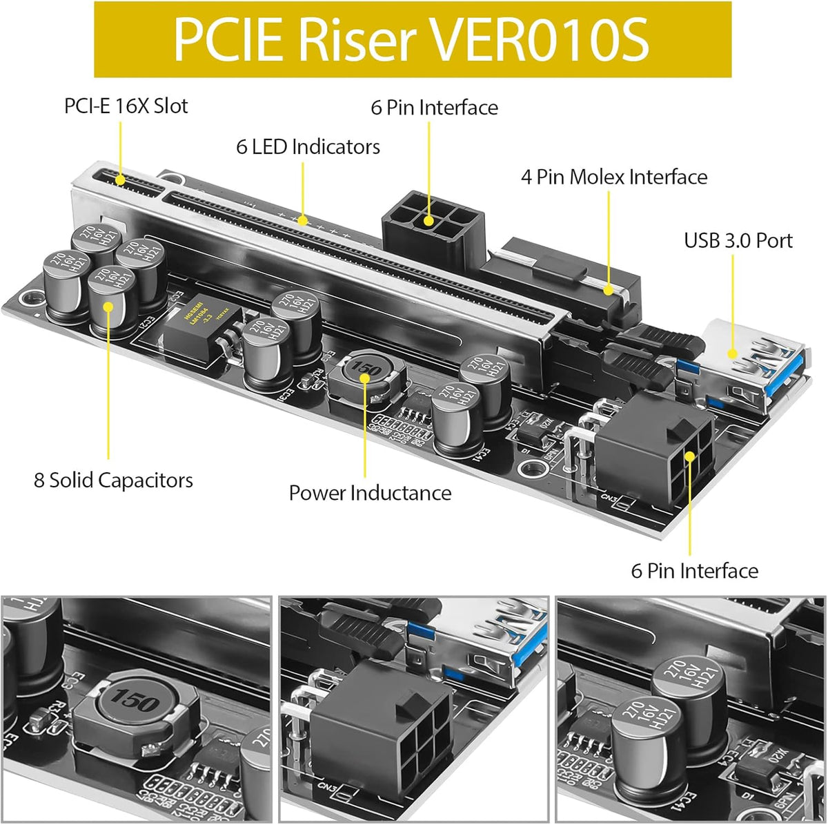 PCIE 1 to 4 Adapter Riser Card with USB 3.0 Cable, 5 Pack C610