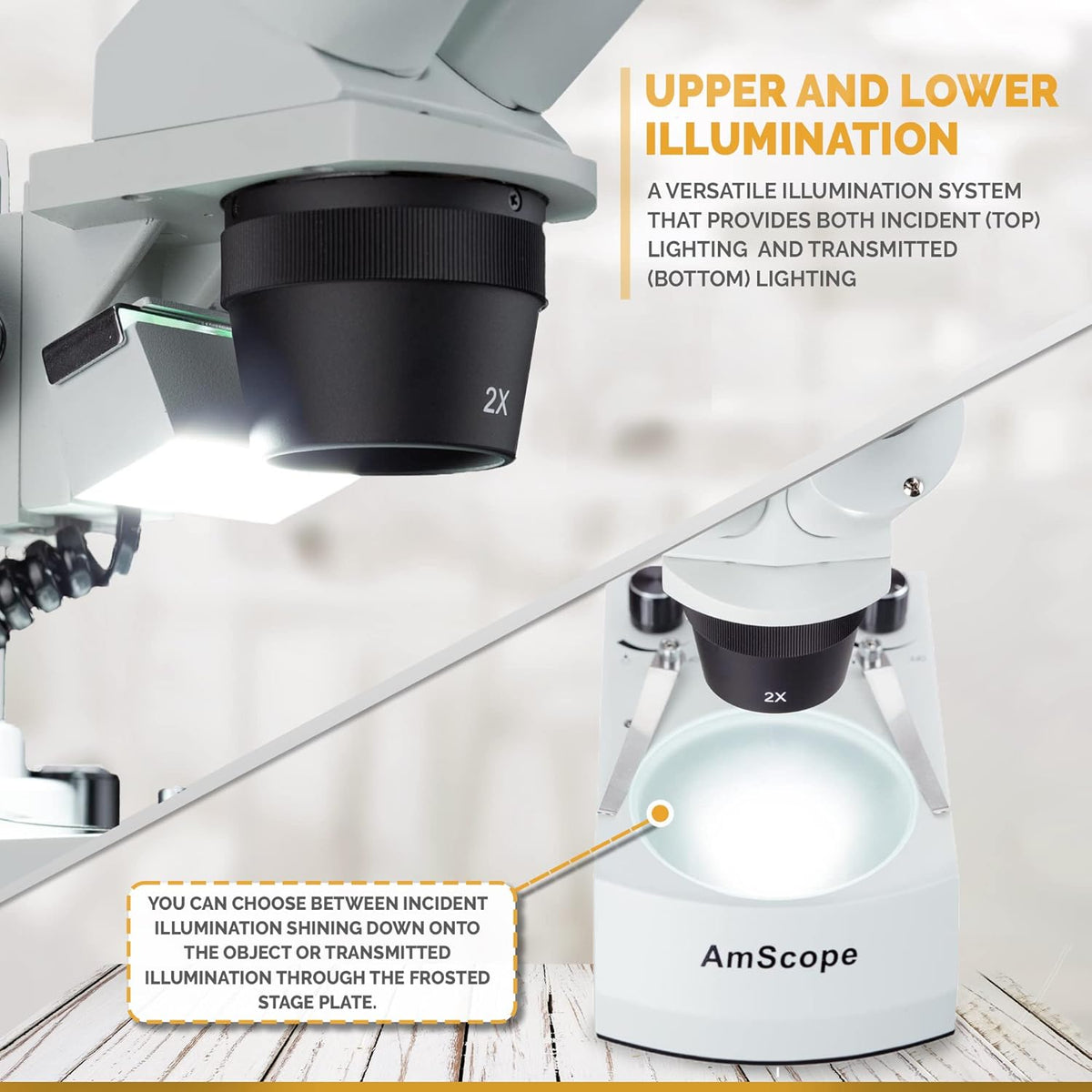 Binocular Stereo Microscope, WF10x Eyepieces, 20X and 40X Magnification, 2X and 4X Objectives, Upper and Lower LED Lighting, Reversible Black/White Stage Plate, Pillar Stand K4004