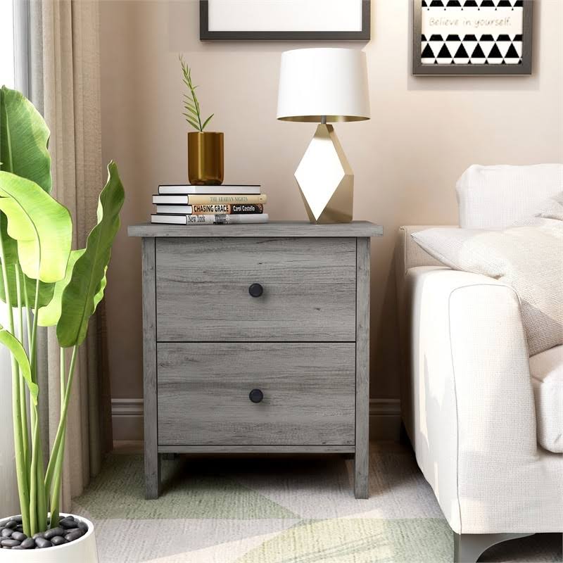 Vintage Gray Oak 2-Drawer Wood Nightstand U400955