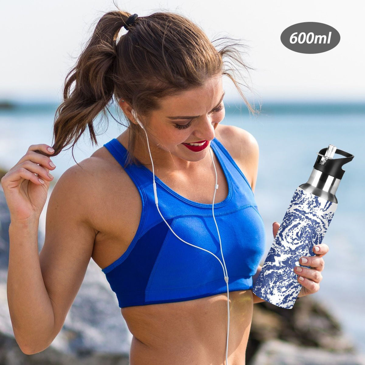 Geometric Tie Dye Blue 20 OZ Vacuum Insulated Stainless Steel Water Bottle with Straw Lid O948314