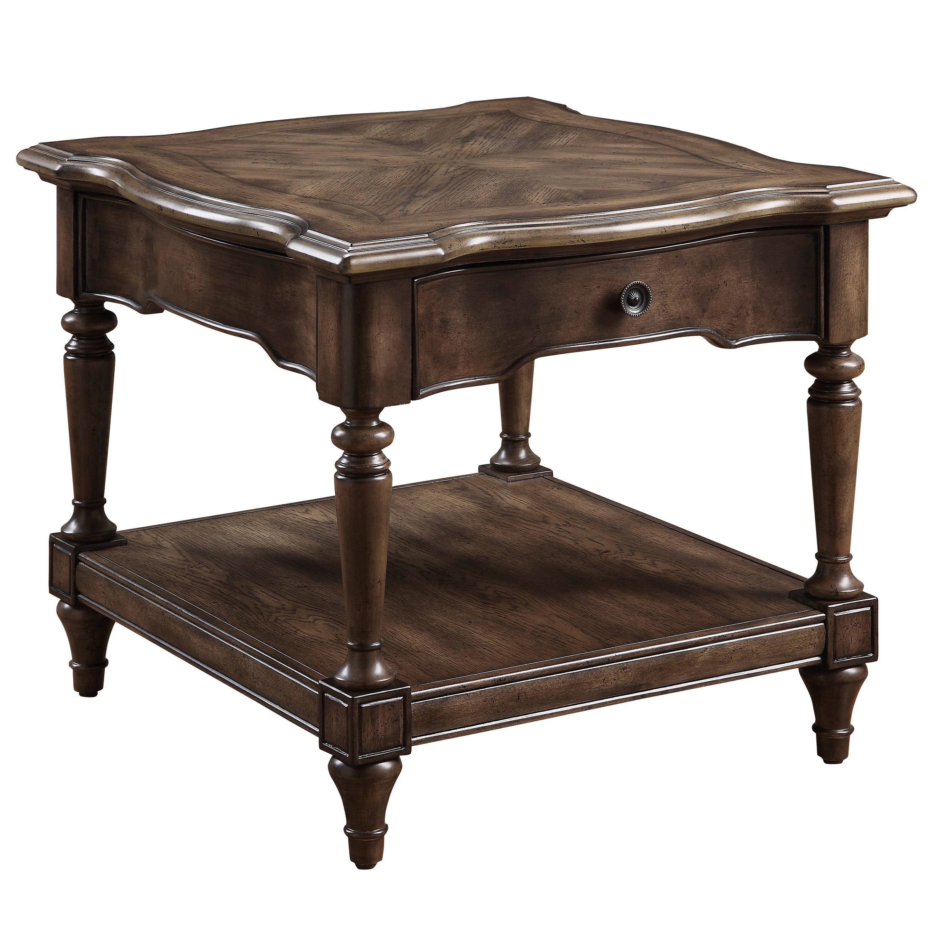 Brown 1 Drawer End Table with Open Bottom Shelf and Turned Feet I4932
