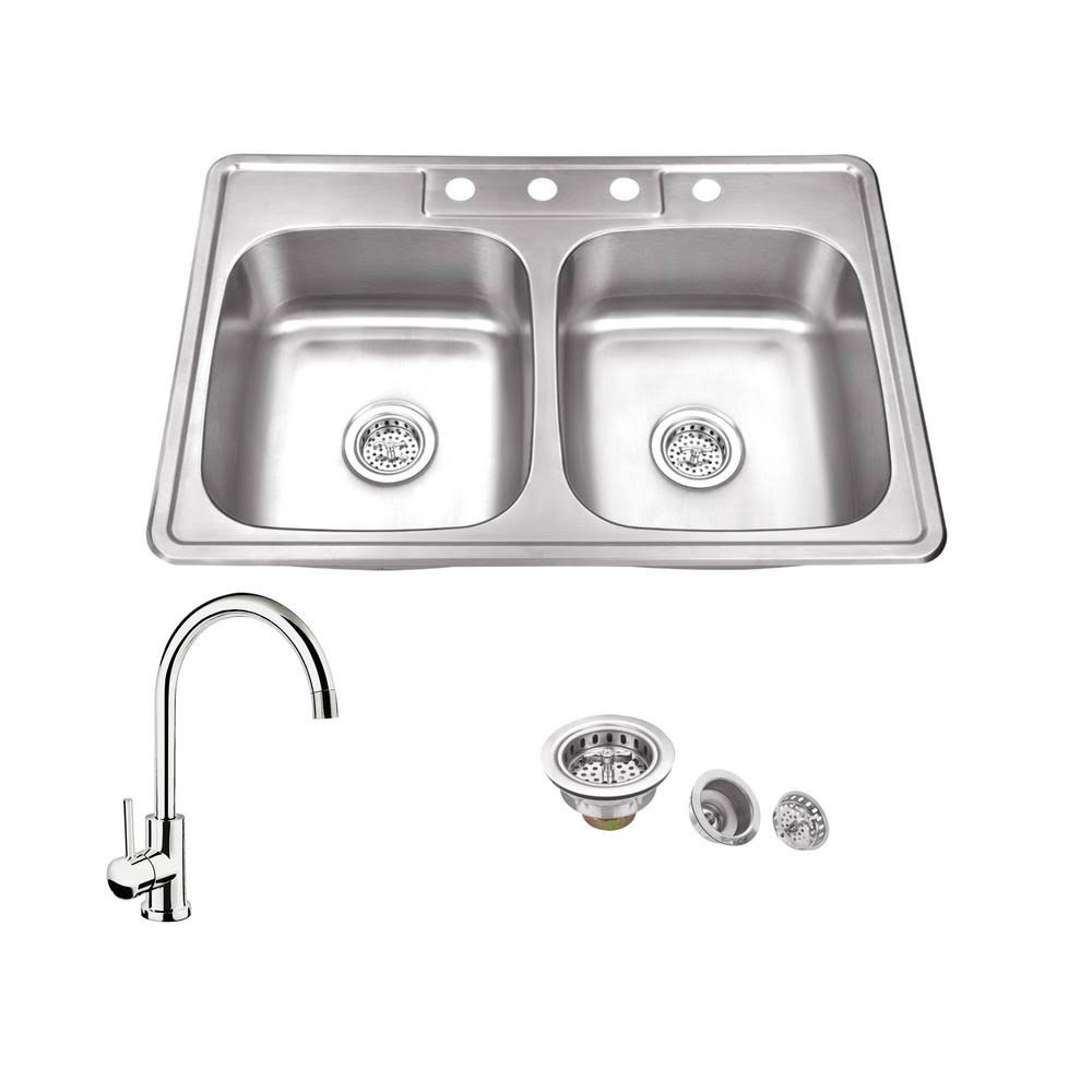 20 Gauge Stainless Steel Double Basin Drop-In Kitchen Sink with Gooseneck Faucet W5174