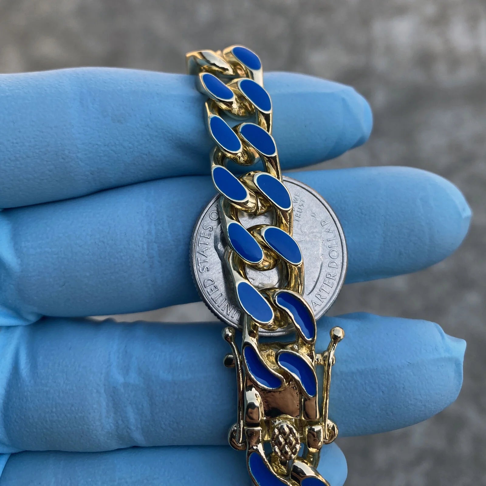 14K Gold Plated Miami Cuban Necklace Blue Enamel Chain 20" x 10.5 MM T1966