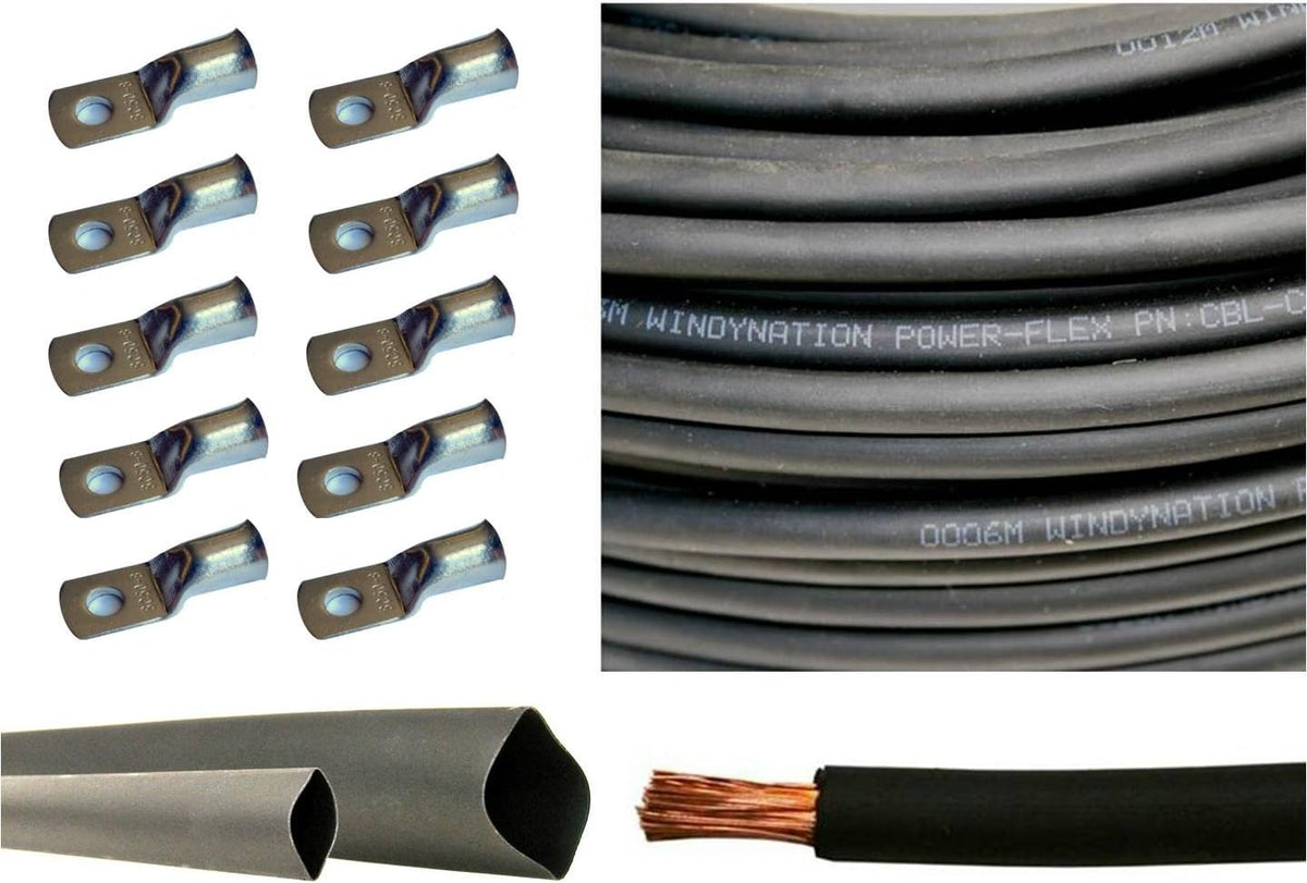 4 Gauge 15 Feet Red + 15 Feet Black Pure Copper Flexible Cable + 10pcs 3/8 Tinned Copper Cable Lug Terminal Connectors + 3 Feet Black Heat Shrink Tubing H612