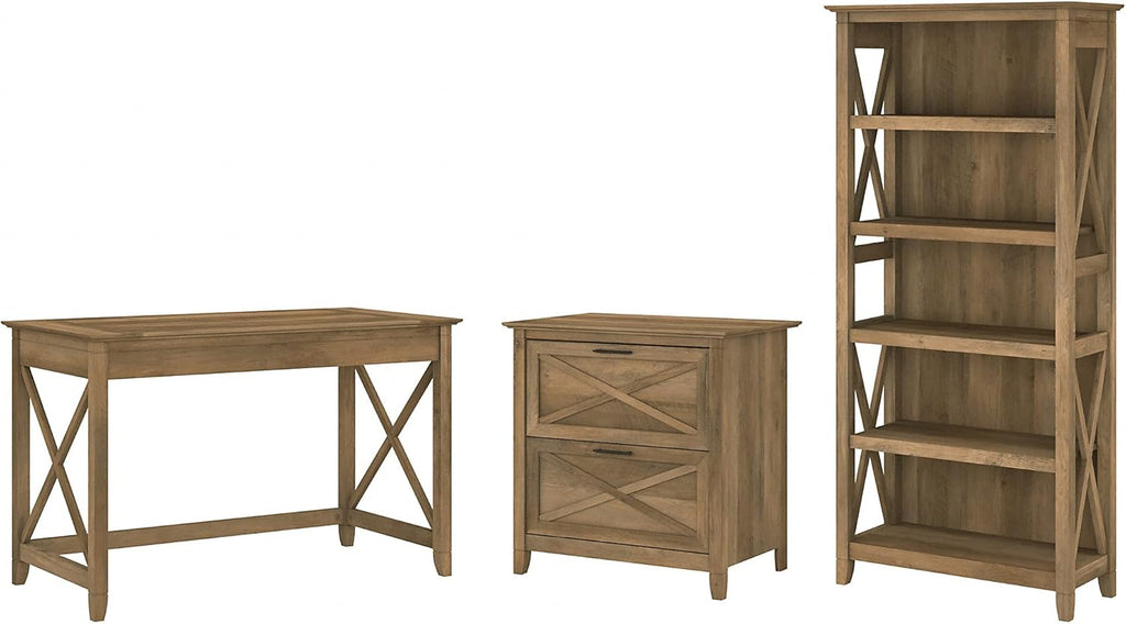 Key West Writing Desk with 2 Drawer Lateral File Cabinet and 5 Shelf Bookcase, Reclaimed Pine E531395
