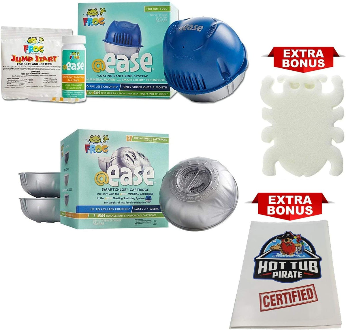 Frog @Ease Floating System with 3 Refill SmartChlor Replacement Mineral Cartridges, Jump Start Shock and 30 Test Strips with Bonus White Spa Thermometer X827536