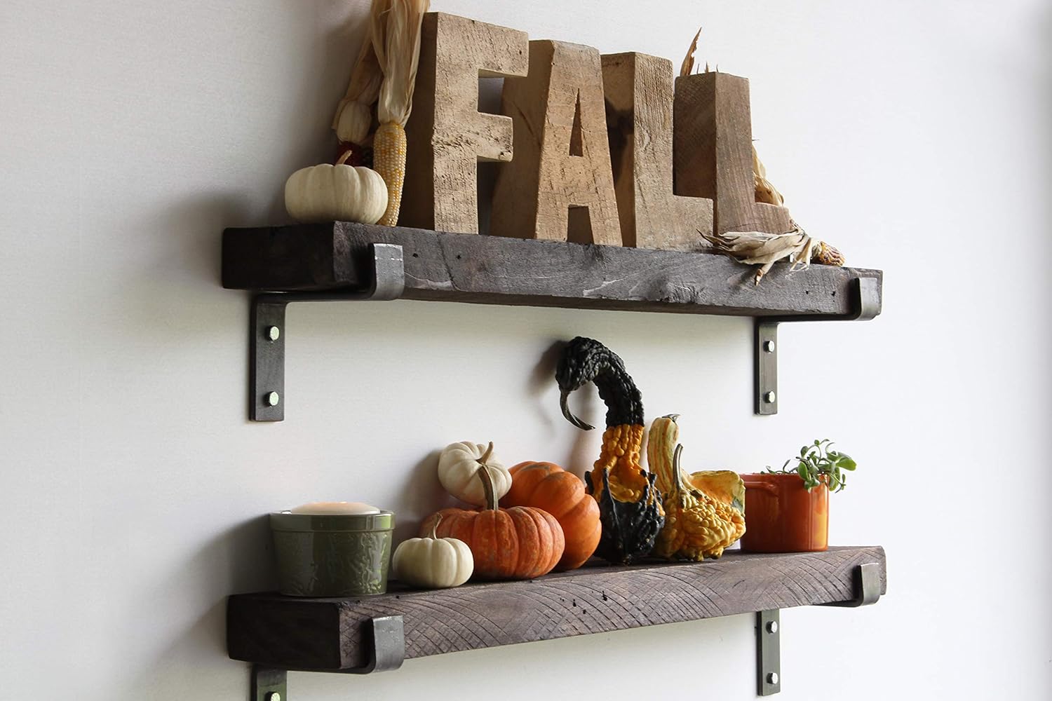 Reclaimed Barnwood Accent Shelves - Set of Two - Metal Bracketed Wall Mount - Natural 48x 7x 2 W9428