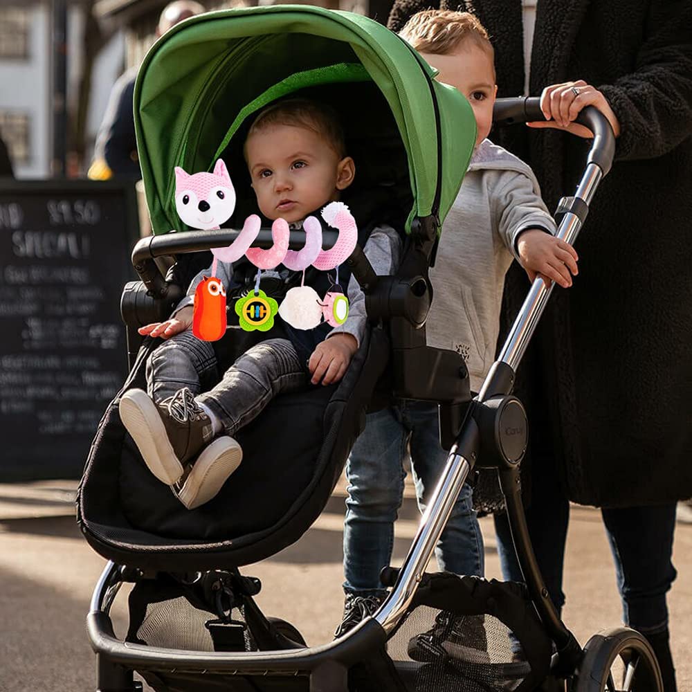 Pink Fox Baby Car Seat Toys with Musical Sheep Rattles Owl Ladybird Distorting Mirror O9820