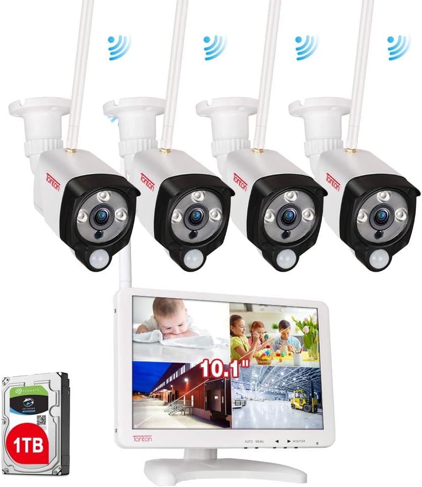 Wireless All-in-One Security Camera System with 16 Inch Monitor, 8CH WiFi NVR with 1TB HDD, 4PCS 3MP Outdoor Bullet IP Cameras with PIR Sensor, Floodlight, Black Y9424