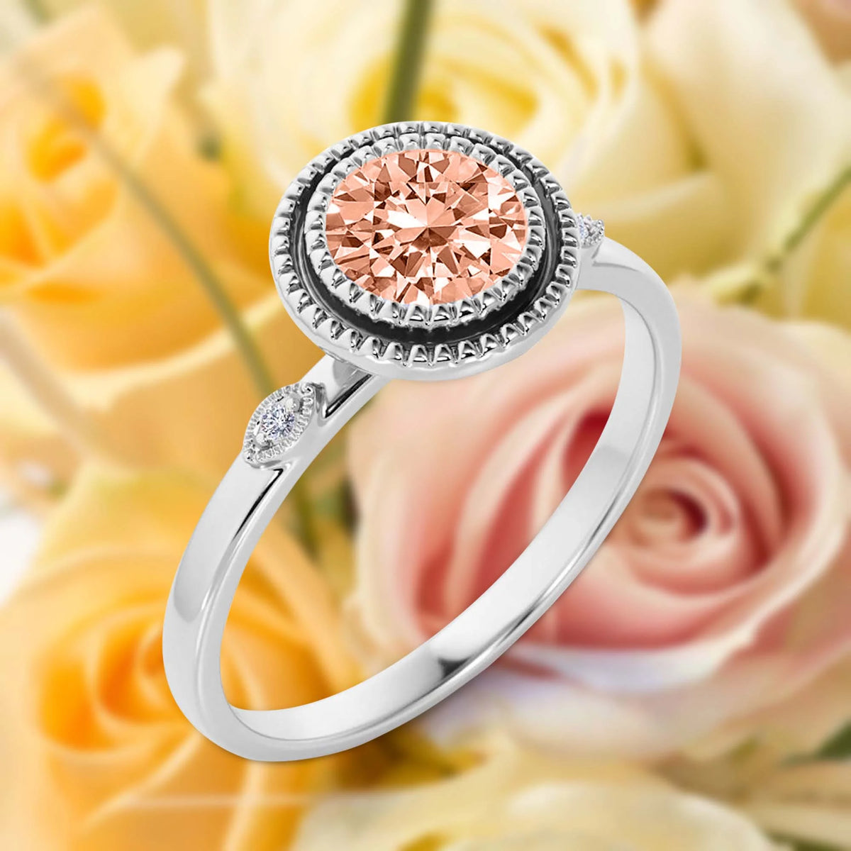 1.10 Carat Round Cut Morganite And Diamond Moissanite Engagement Ring in 925 Sterling Silver With 18k White Gold Plating B3588