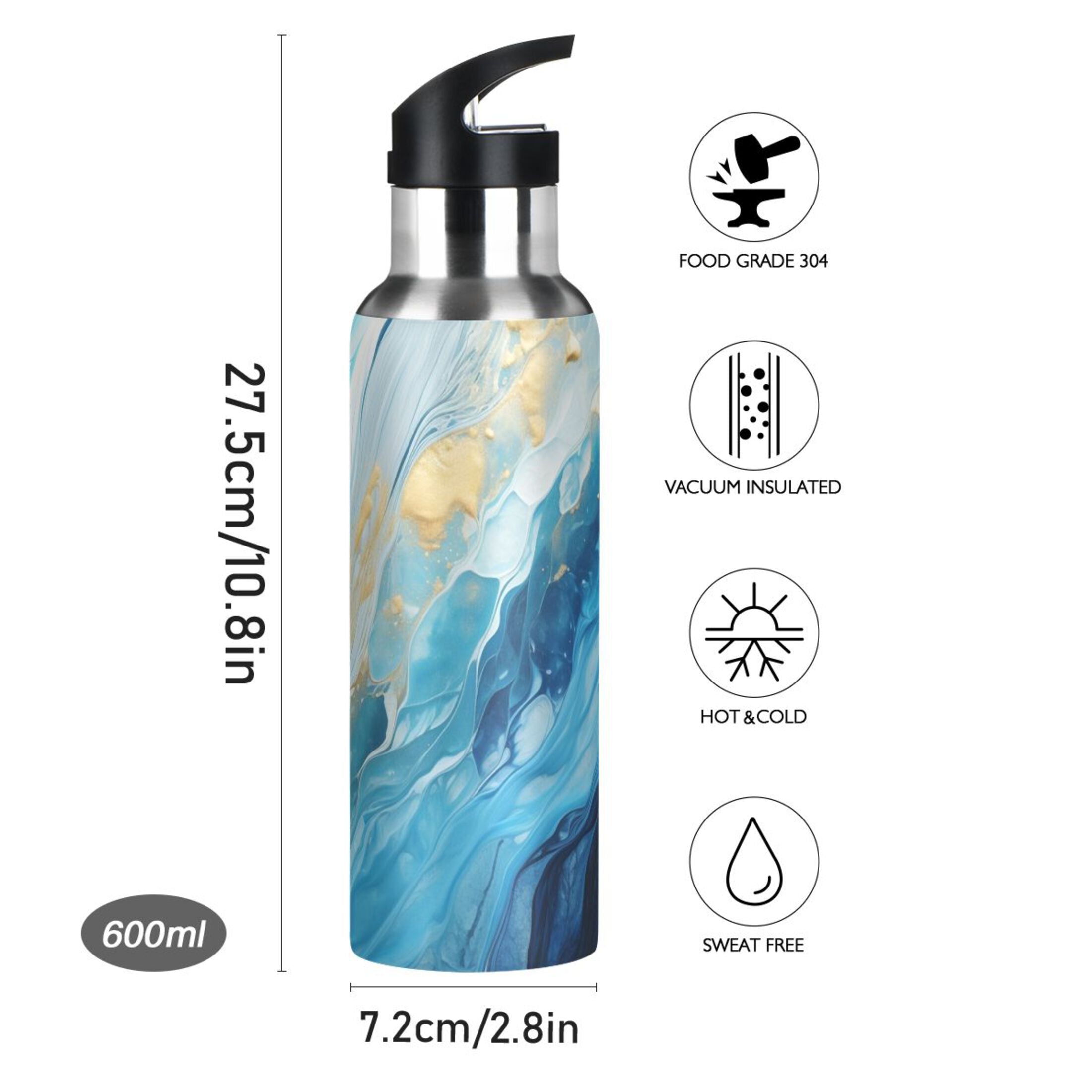 Blue White and Gold Marble Stainless Steel Insulated Water Bottle with Straw Lid P5997