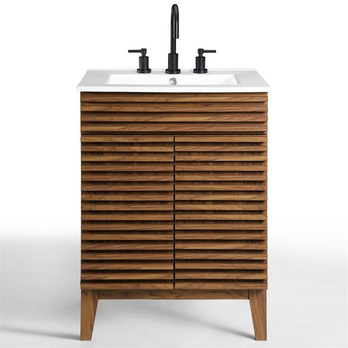 Walnut/White Wood Bathroom Vanity with Storage Shelf N15833