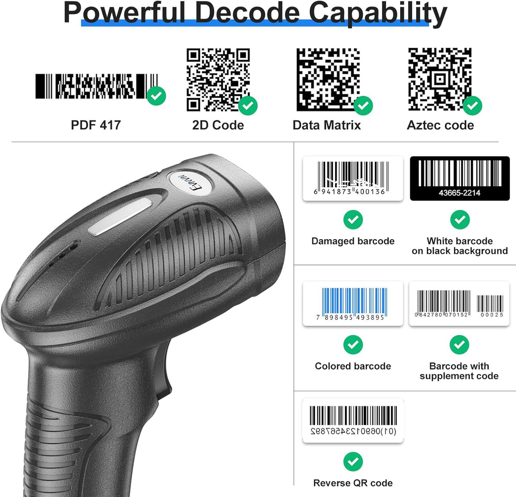 Wireless 2D QR Barcode Scanner with Stand, 3-in-1 Bluetooth & 2.4G & USB Wired Handheld Barcode Reader, Pack of 2 M97102