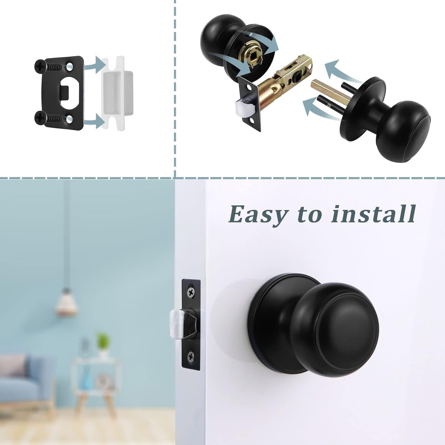 Black Passage Door Knobs Round Style 4 Pack J692136