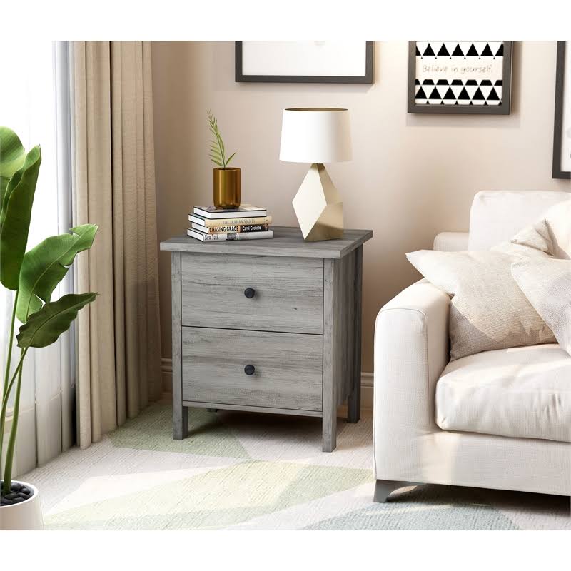 Vintage Gray Oak 2-Drawer Wood Nightstand U400955