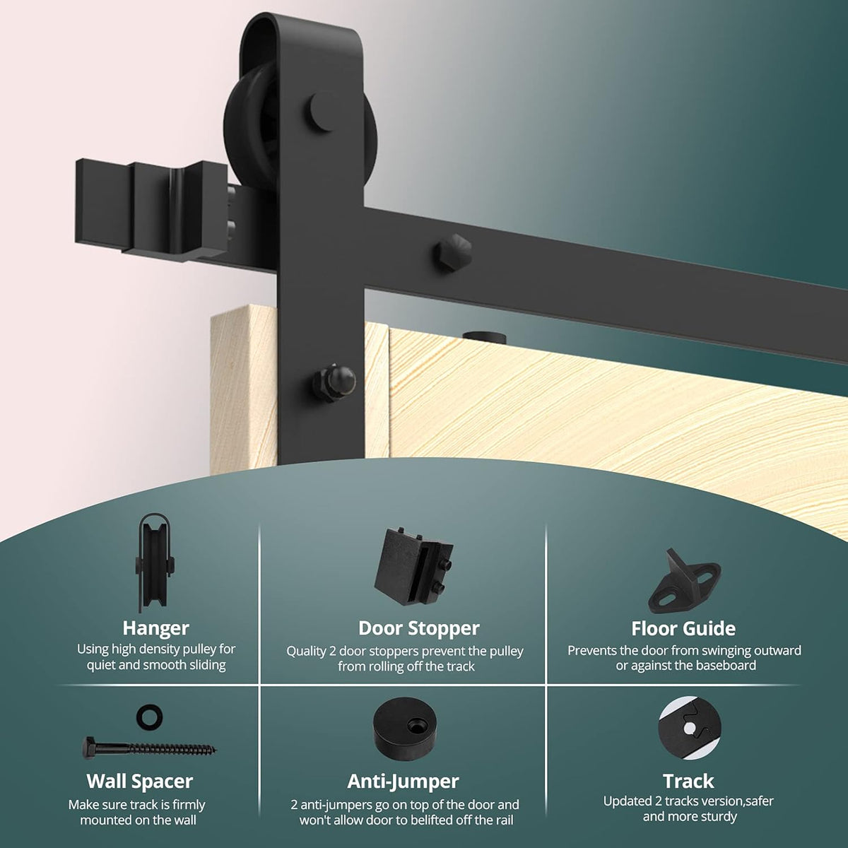 8FT Heavy Duty Sliding Door Hardware with 12 Handle & Floor Guide Q325