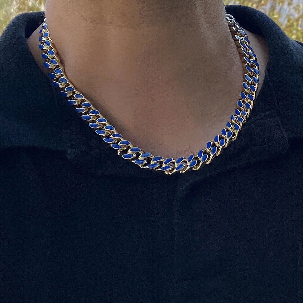 14K Gold Plated Miami Cuban Necklace Blue Enamel Chain 20" x 10.5 MM T1966