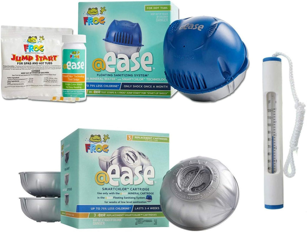 Frog @Ease Floating System with 3 Refill SmartChlor Replacement Mineral Cartridges, Jump Start Shock and 30 Test Strips with Bonus White Spa Thermometer X827536