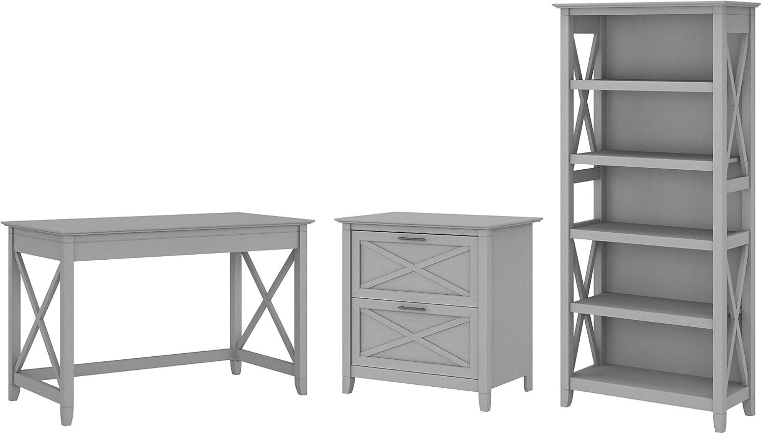 Key West Writing Desk with 2 Drawer Lateral File Cabinet and 5 Shelf Bookcase, Reclaimed Pine E531395