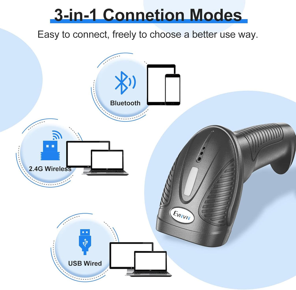 Wireless 2D QR Barcode Scanner with Stand, 3-in-1 Bluetooth & 2.4G & USB Wired Handheld Barcode Reader, Pack of 2 M97102
