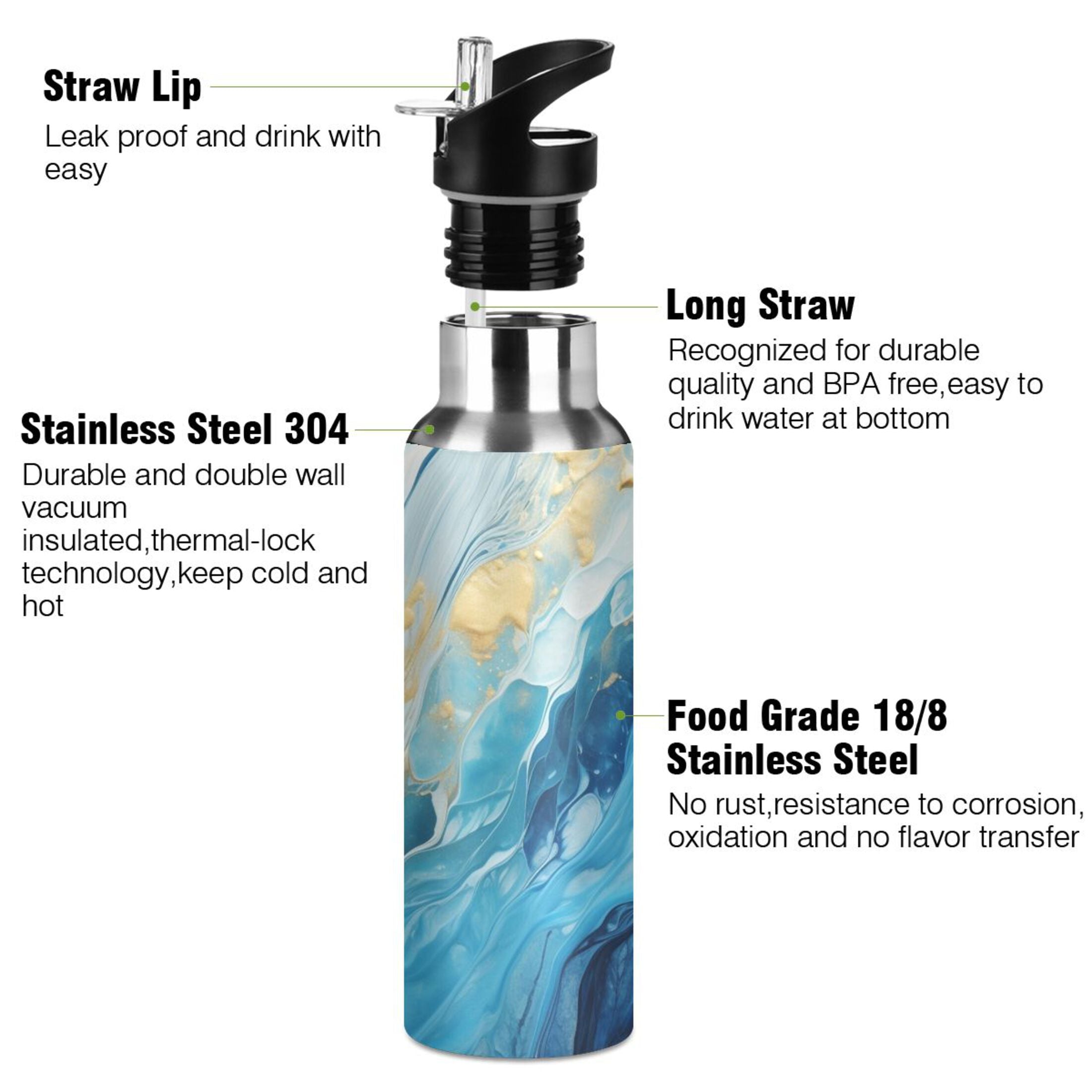 Blue White and Gold Marble Stainless Steel Insulated Water Bottle with Straw Lid P5997