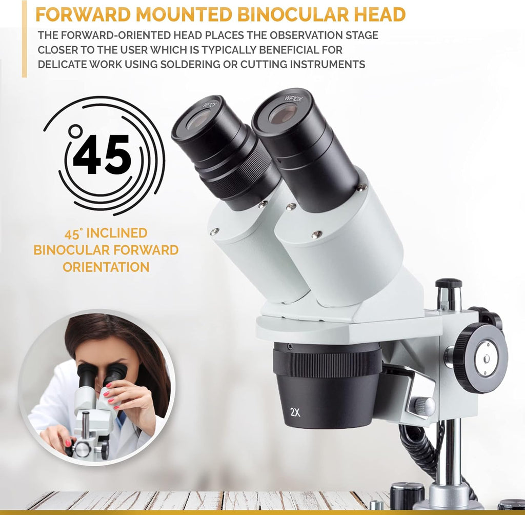 Binocular Stereo Microscope, WF10x Eyepieces, 20X and 40X Magnification, 2X and 4X Objectives, Upper and Lower LED Lighting, Reversible Black/White Stage Plate, Pillar Stand K4004
