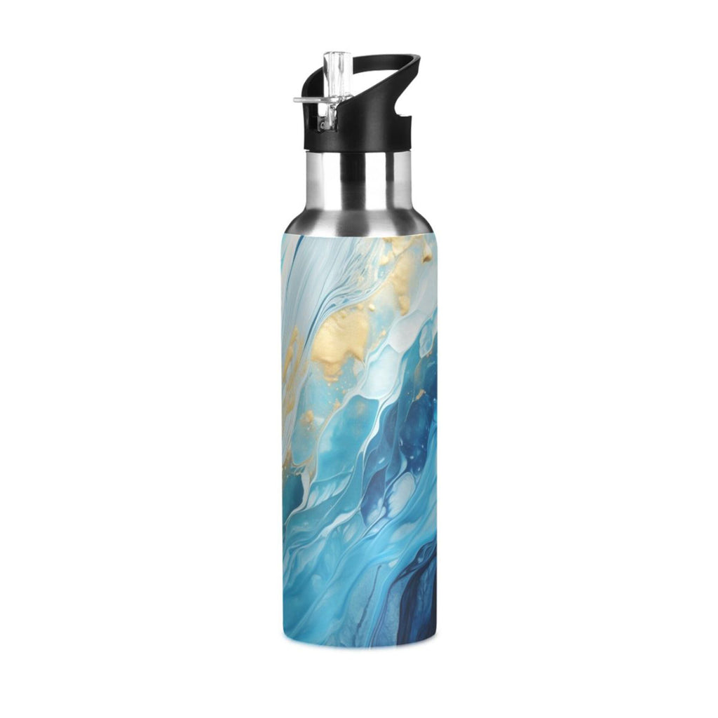 Blue White and Gold Marble Stainless Steel Insulated Water Bottle with Straw Lid P5997