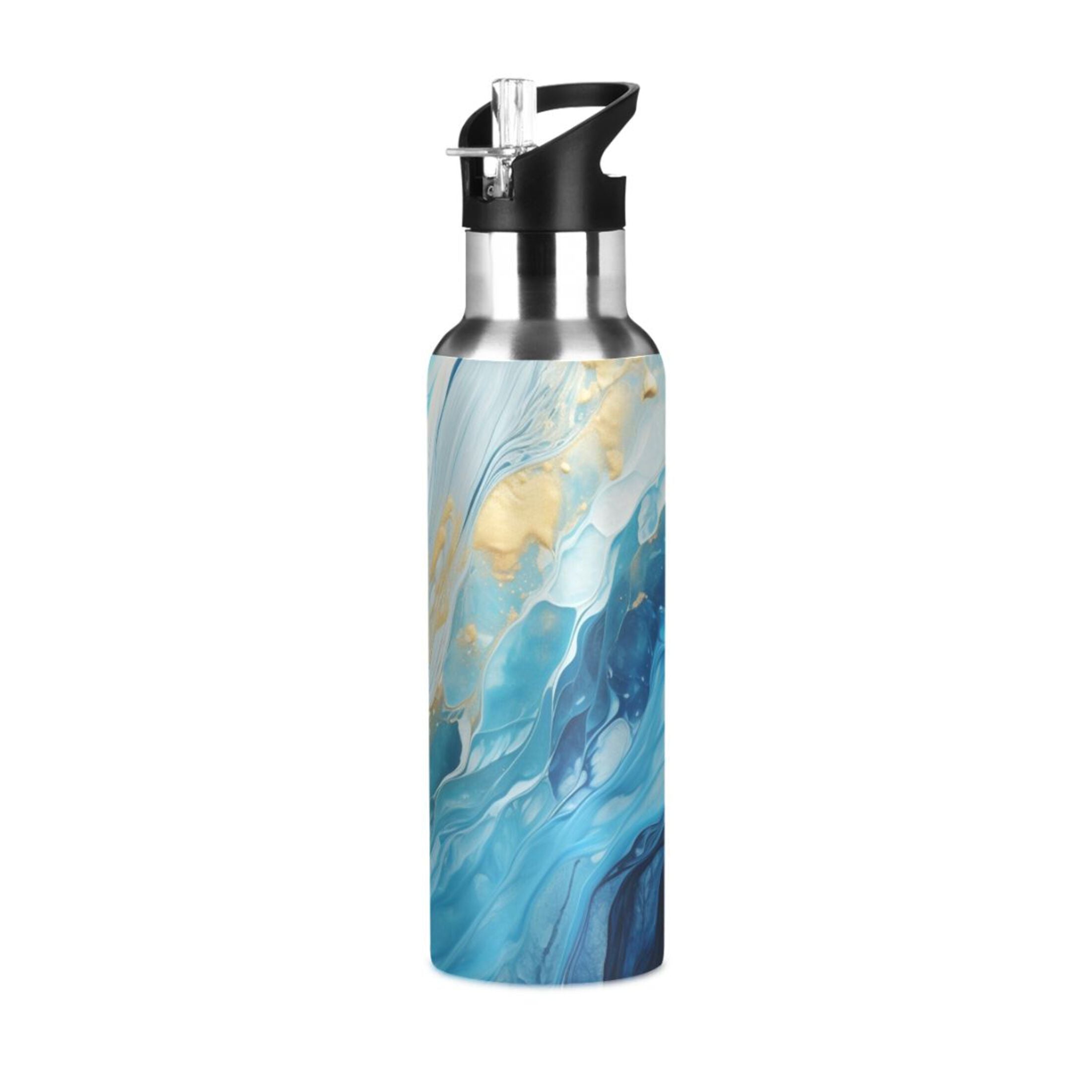 Blue White and Gold Marble Stainless Steel Insulated Water Bottle with Straw Lid P5997
