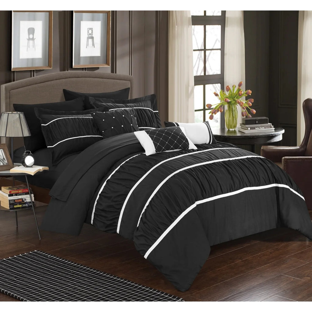 10 Piece Pleated and Ruffled Comforter and Sheet Set L19437