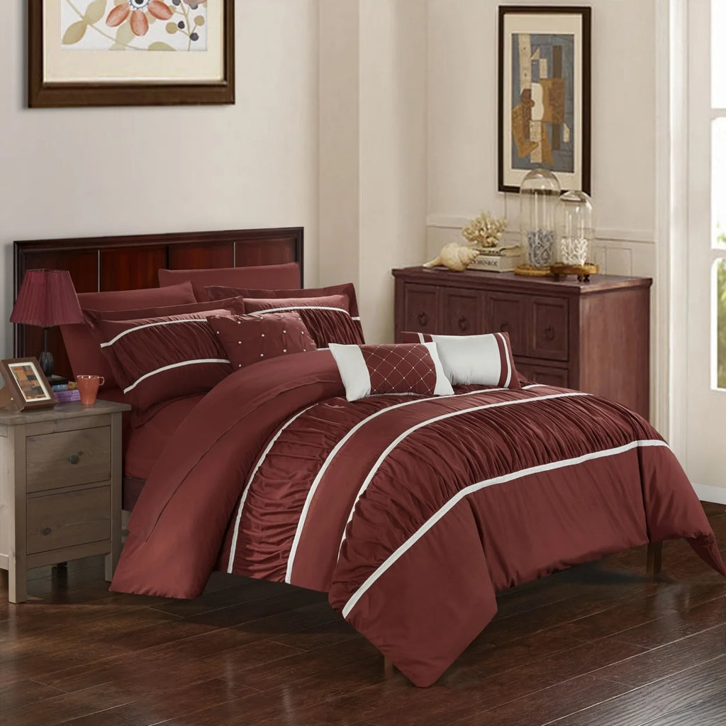 10 Piece Pleated and Ruffled Comforter and Sheet Set L19437