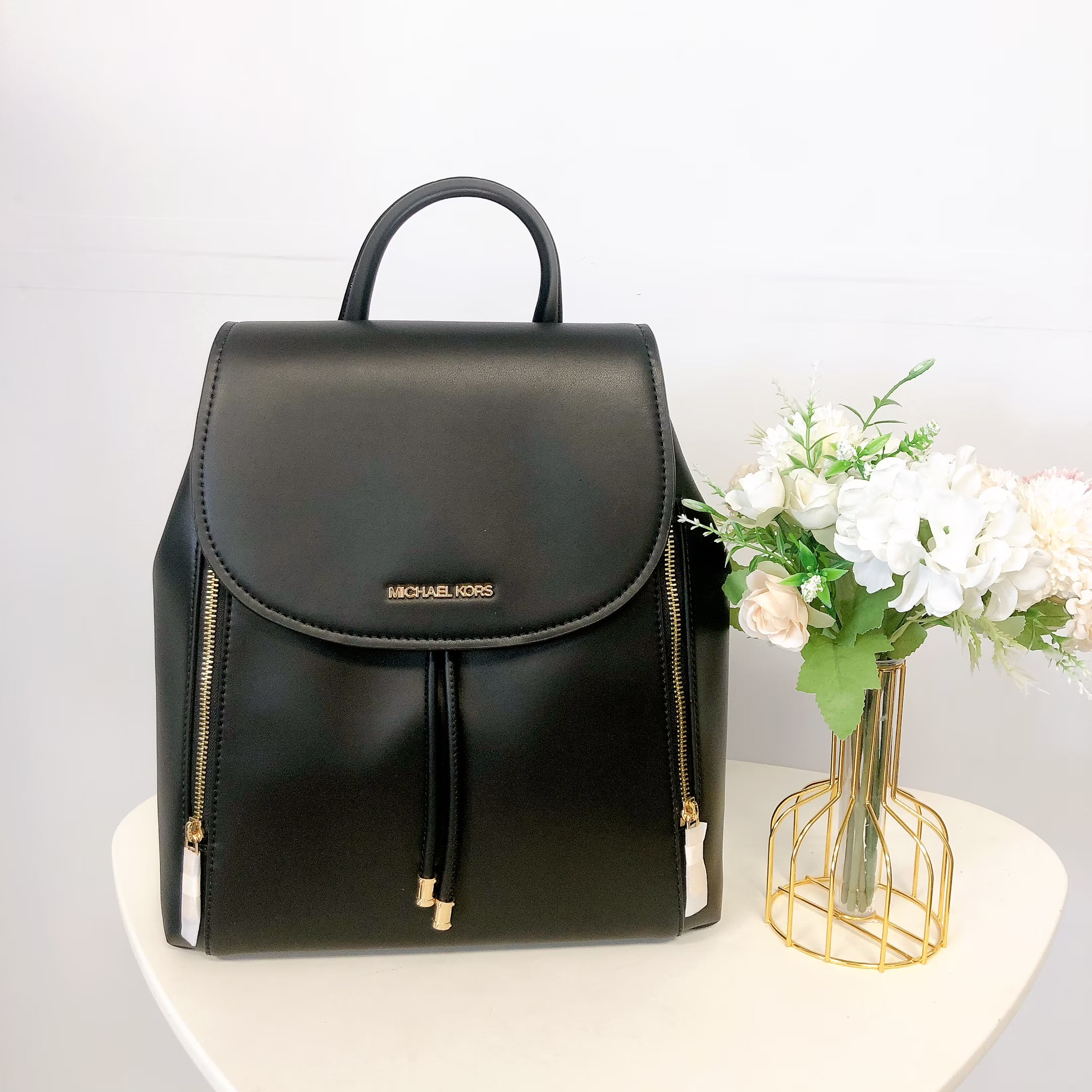 Black Leather Drawstring Backpack P345
