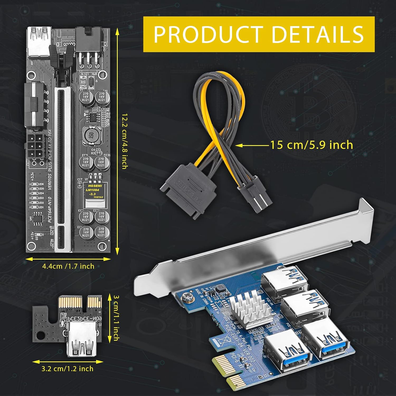 PCIE 1 to 4 Adapter Riser Card with USB 3.0 Cable, 5 Pack C610