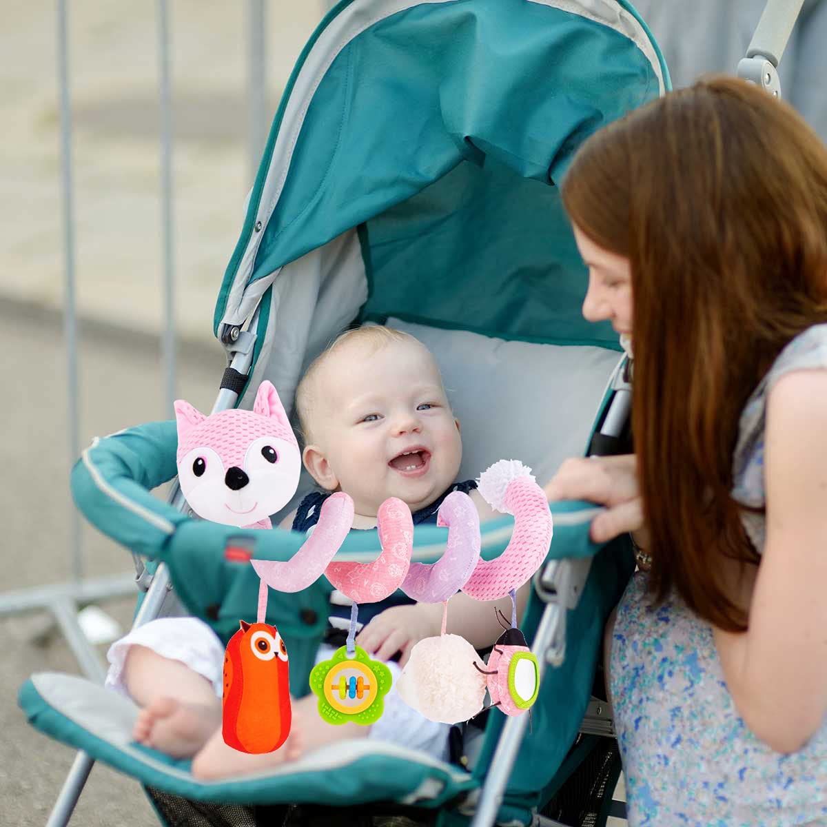 Pink Fox Baby Car Seat Toys with Musical Sheep Rattles Owl Ladybird Distorting Mirror O9820