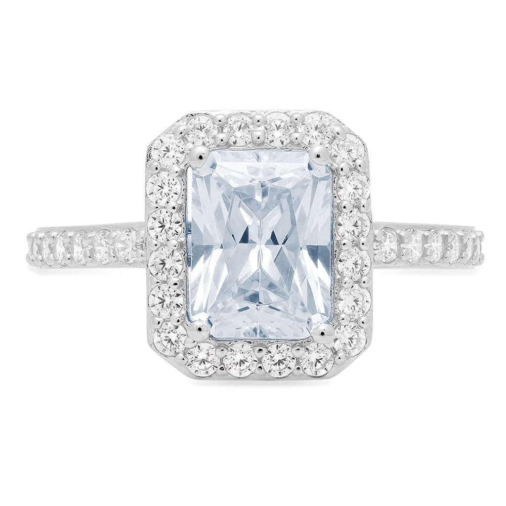 18k White Gold Emerald Cut Blue Aquamarine Halo Ring R167